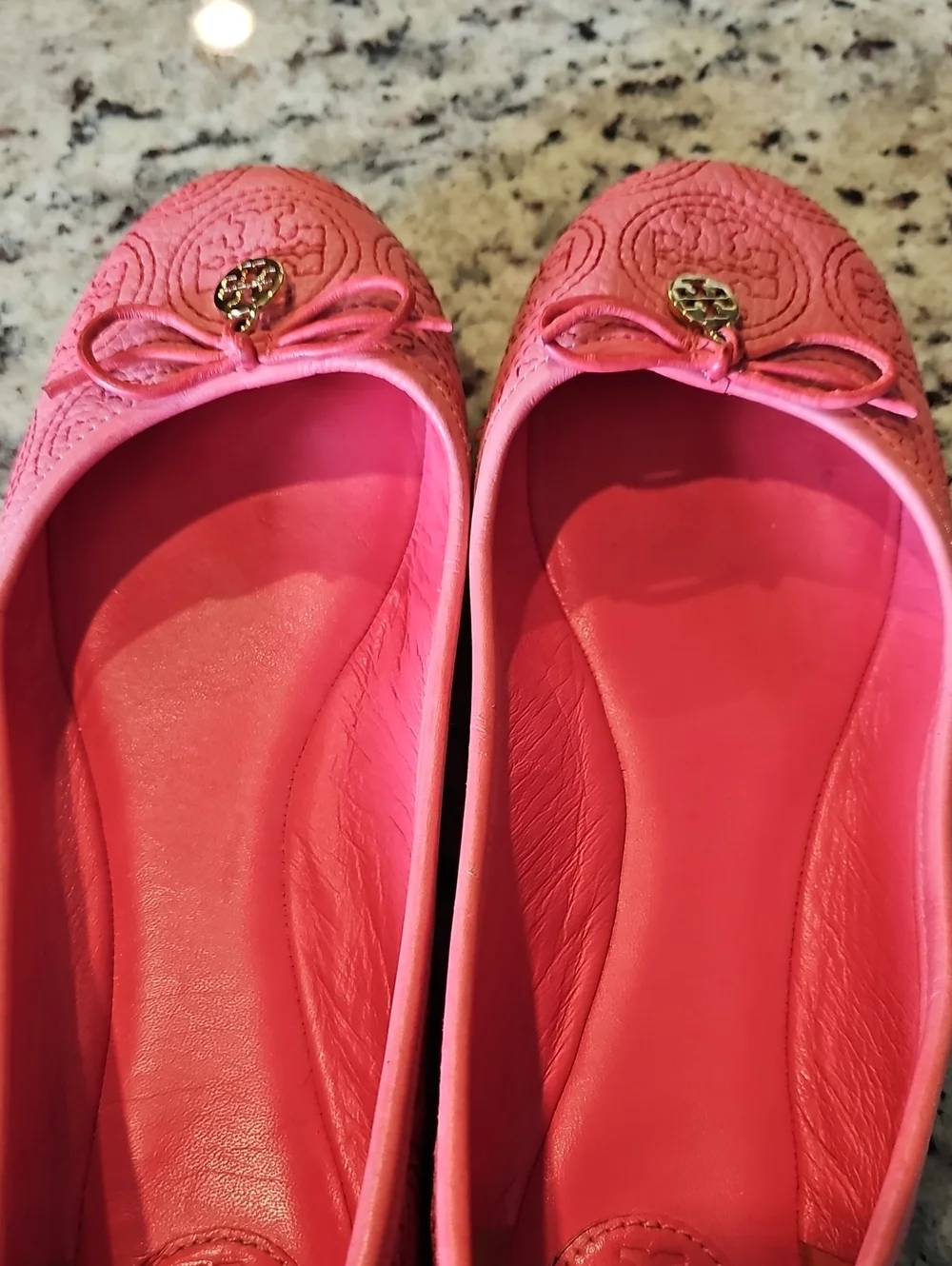 Tory Burch Pink Embossed Logo Bow Ballet Flats with Gold Medallions